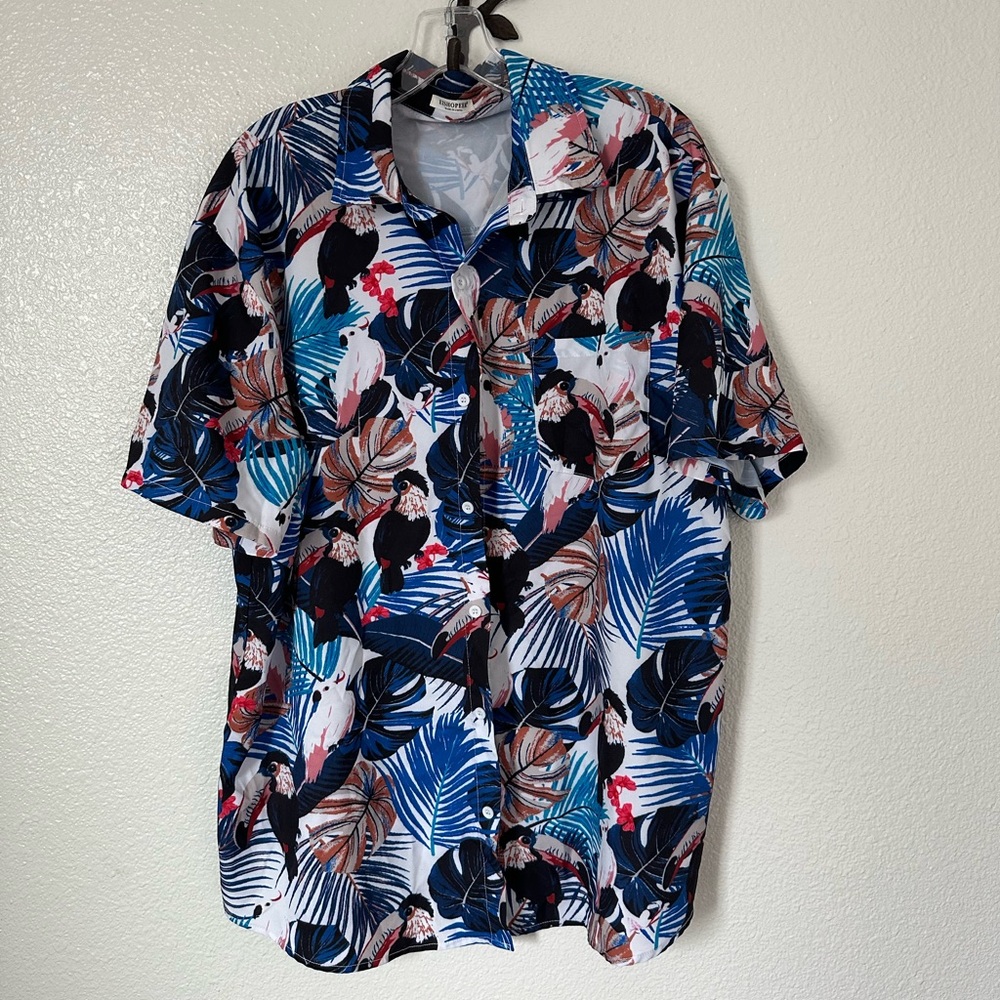 EISHOPEER Men's Tropical Toucan Birds &  Floral Button Down Shirt~ Size XL